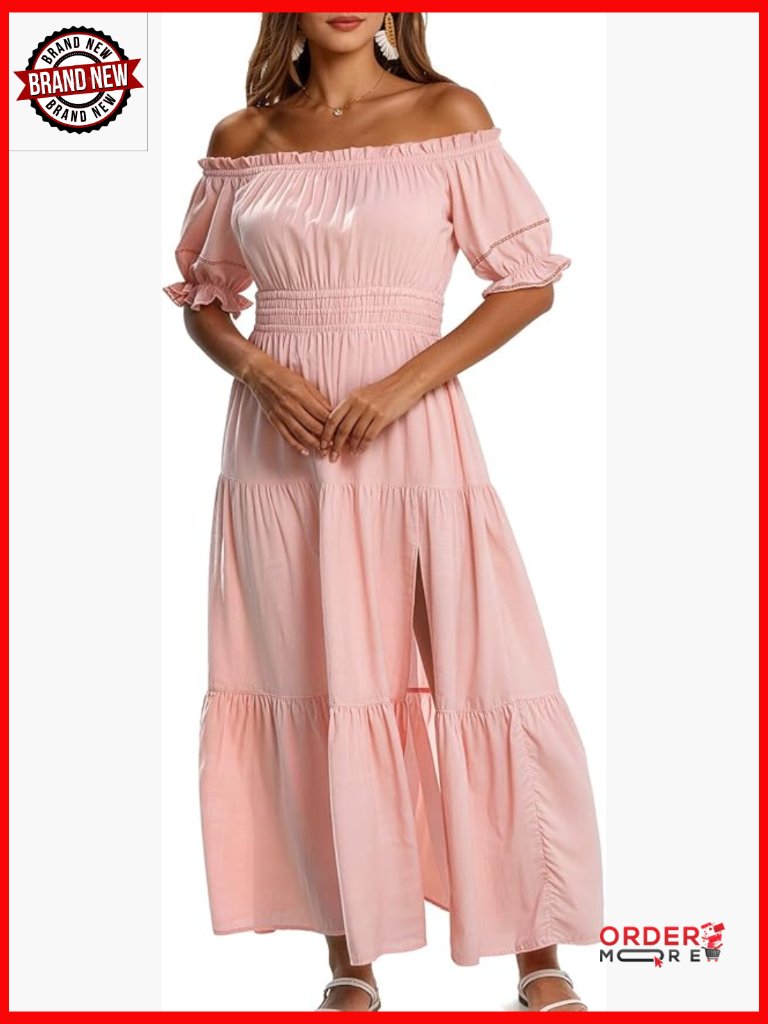 Off Shoulder Smocked High Waist Side Split Flowy A Line Tiered Long Maxi Dress